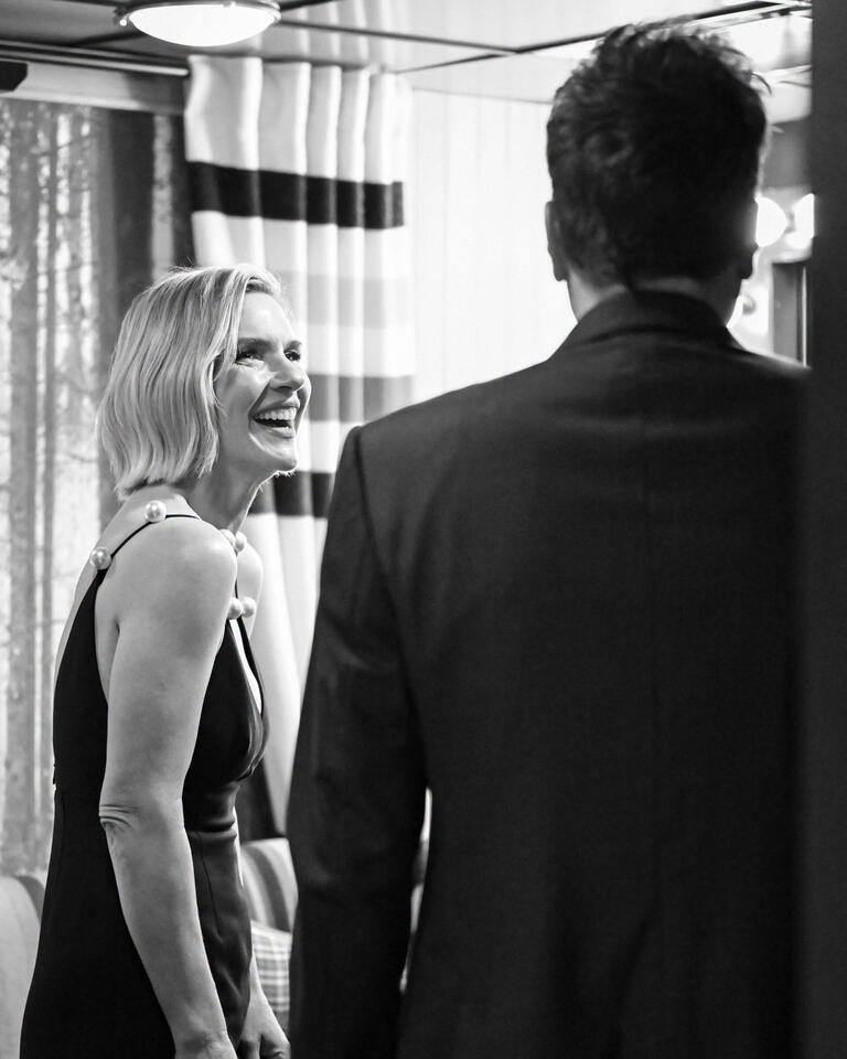 Celebrity Style: Rhea Seeborn’s Black Slip Dress With Pearl Accents On Jimmy Fallon