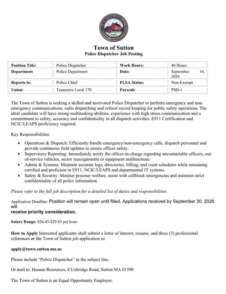 Sutton Police hiring police dispatcher - NewsBreak