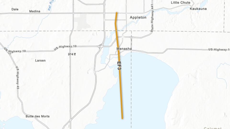 Destructive tornado began near Appleton, then raced through Menasha before losing steam over Lake Winnebago