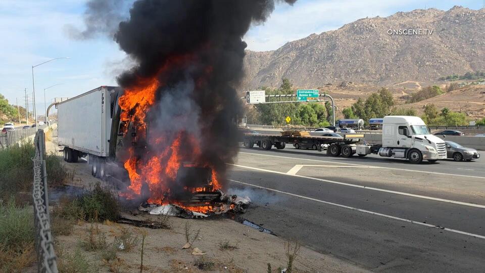 Semi Truck Bursts Into Flames On 215 Freeway