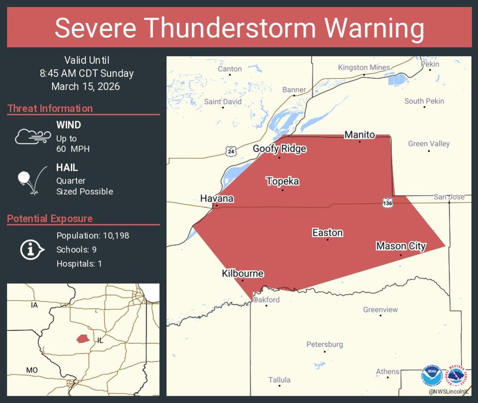 Severe Thunderstorm Warning for Havana, Mason City, and Manito - NewsBreak