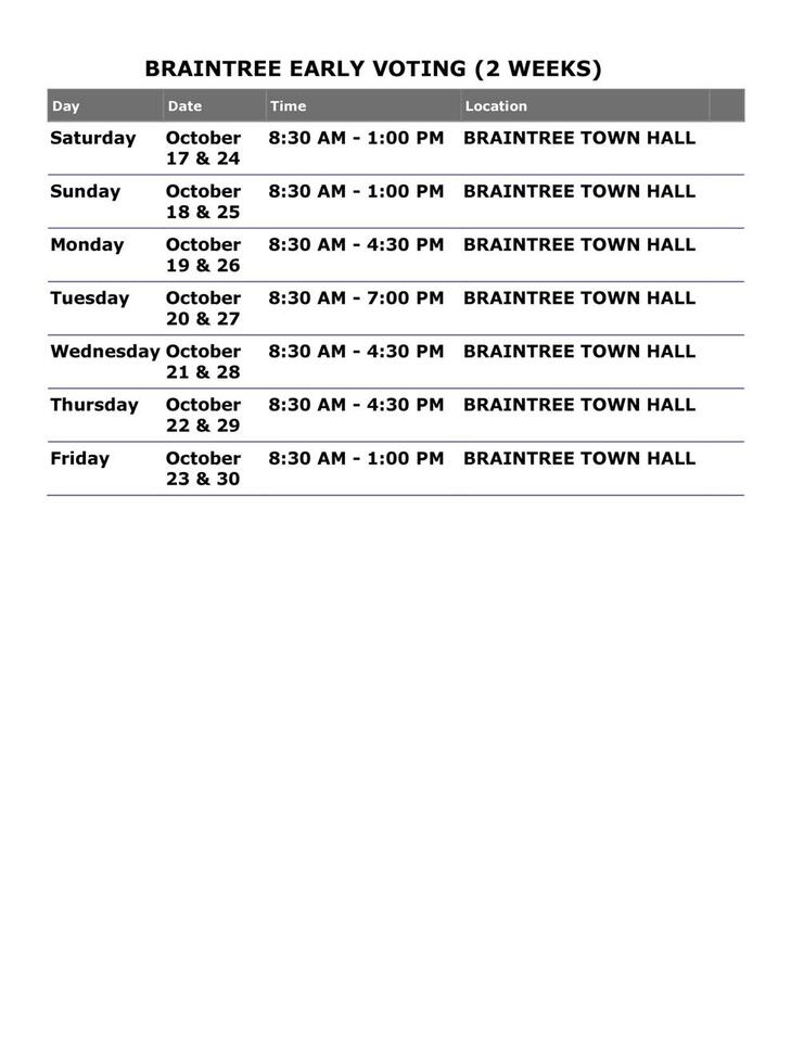 📅 Two-week early voting schedule at Braintree Town Hall - NewsBreak