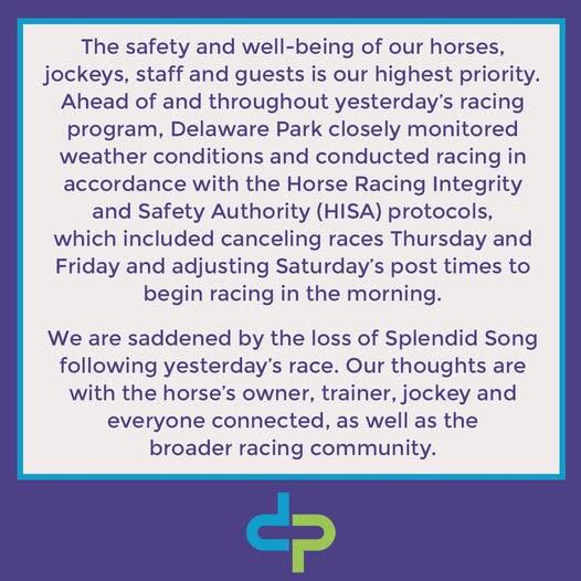 Delaware Park issues statement on equine fatality