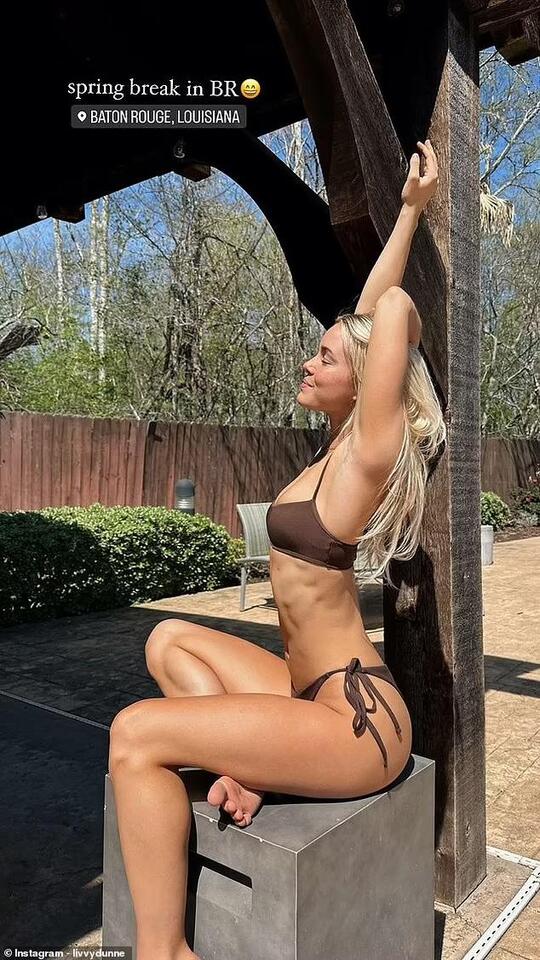 Olivia Dunne stuns in tiny brown bikini as she shares behind-the-scenes snaps from her Spring Break in Baton Rouge... a day after accidentally flashing a nipple on Instagram - NewsBreak