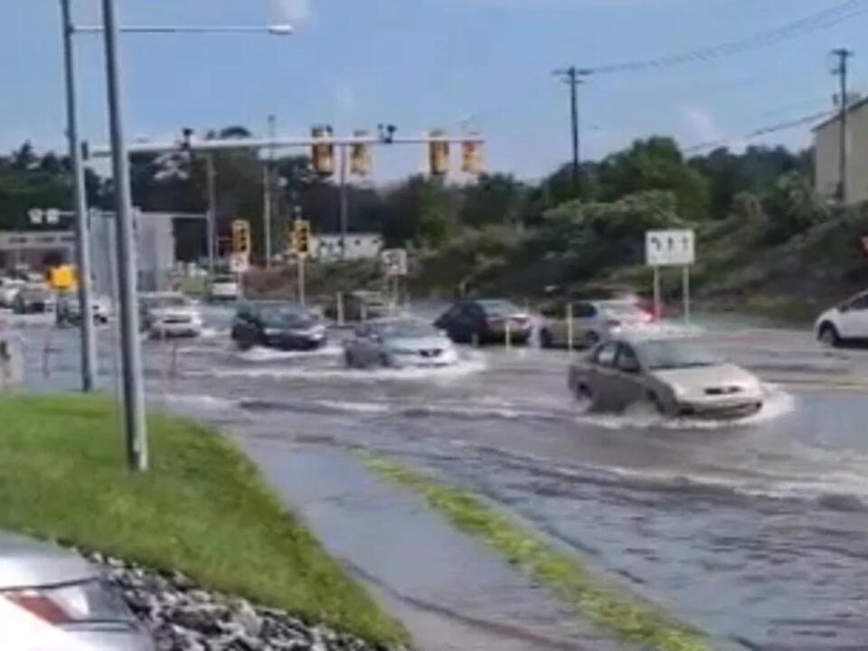 WATCH Water floods intersection after storm blows through Central PA