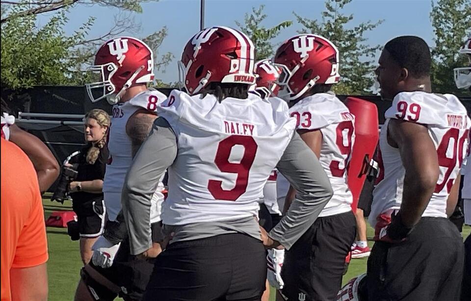 He's back: Stephen Daley, who led the Big 10 in tackles for loss in 2025, participates in IU's first practice