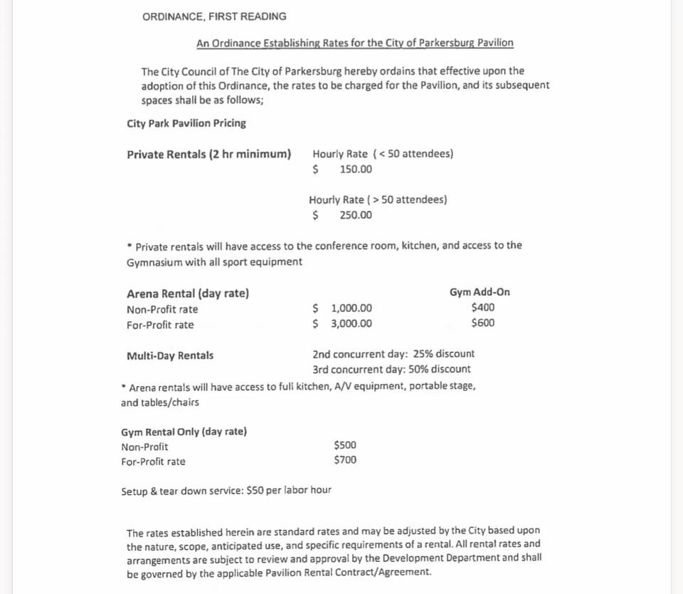 Parkersburg council approves second reading of Pavilion rates, approves ...