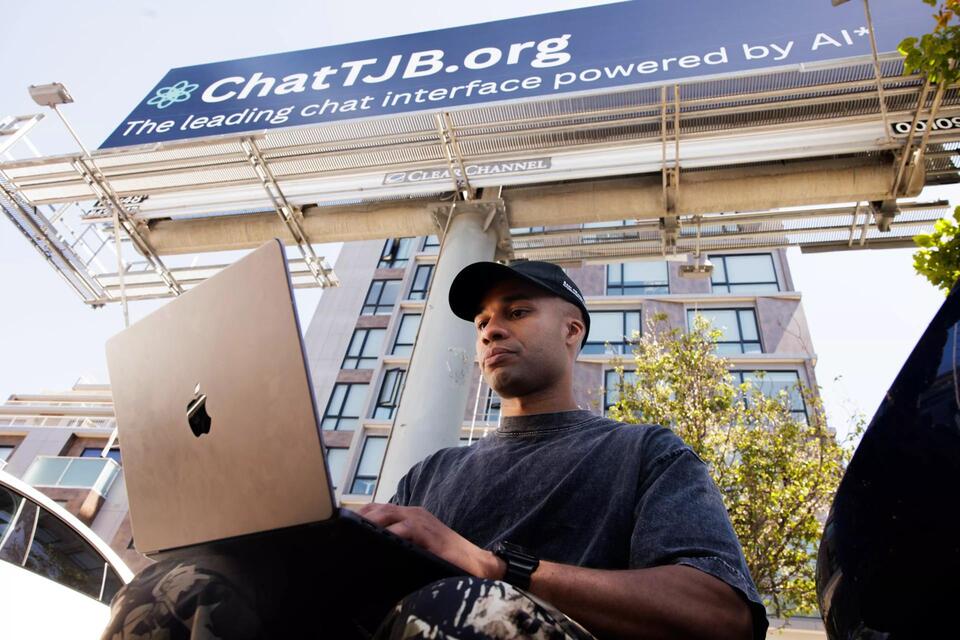 The billboard promises a new AI chatbot. It’s really just one guy typing