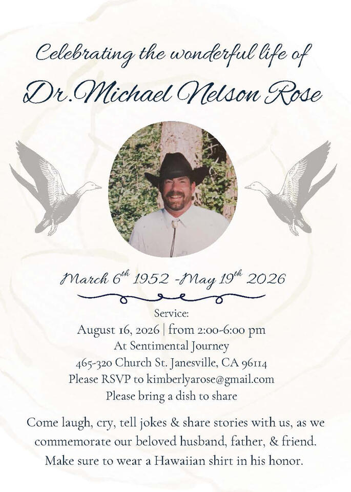 Celebration of Life for Dr. Michael Nelson Rose – August 16, 2026
