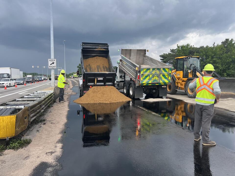 Oil spill shuts down westbound Airport Highway near McCord Road - NewsBreak