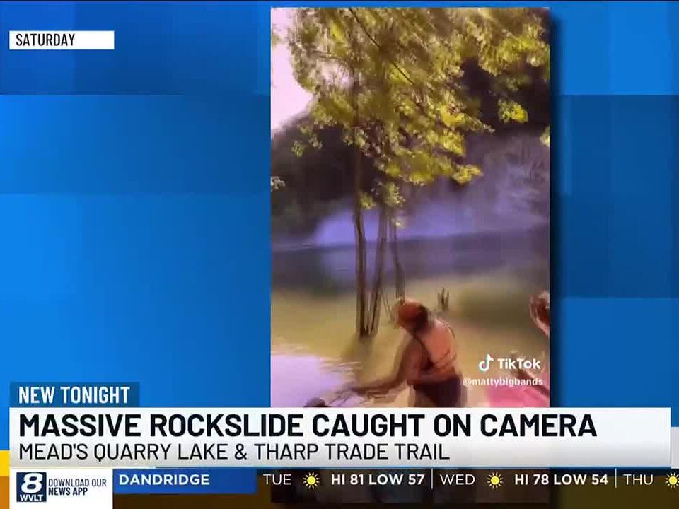 Shocked people at Mead’s Quarry Lake react to dangerous rock wall collapse