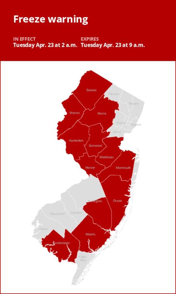 Update: 12 N.J. counties under a freeze warning until Tuesday morning ...