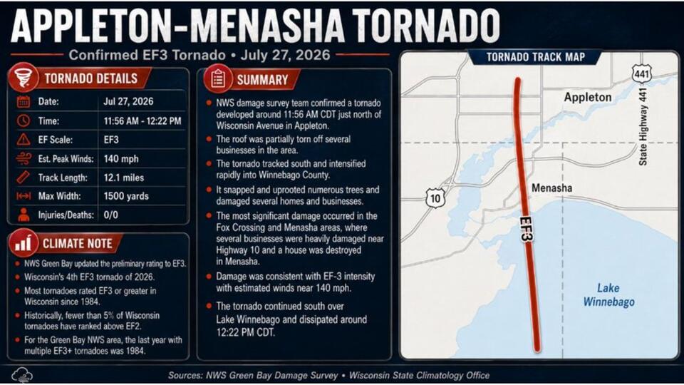 Appleton Menasha Tornado Confirmed as EF3 With 140 MPH Winds and 1500 ...