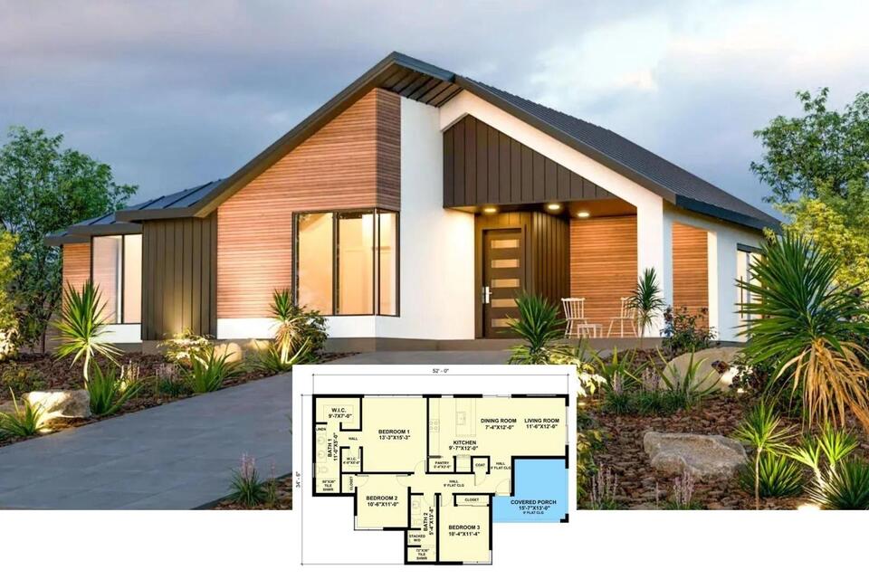 Desert Bloom 3-Bedroom Mid-Century Modern House Plan with Covered Front Porch (1,306 Sq. Ft. Floor Plan)