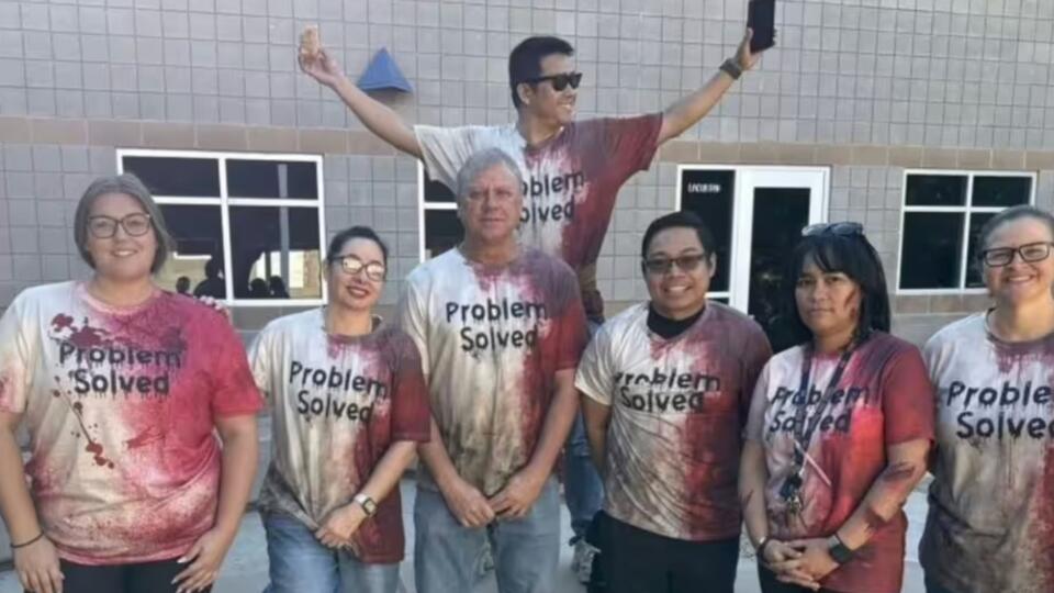 Math Teachers Slammed for Wearing Bloody ‘Problem Solved’ Halloween T ...