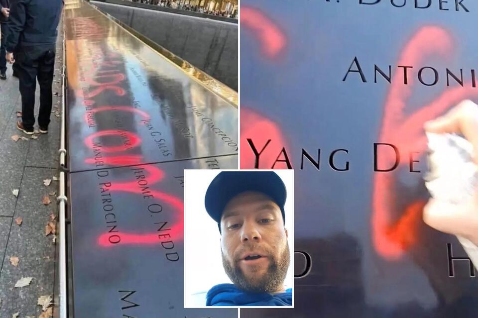 Outrage as gun control nut spray paints 9/11 Memorial in sick political stunt