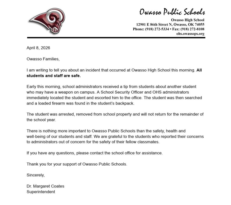 Owasso High School student arrested after loaded gun found in backpack ...