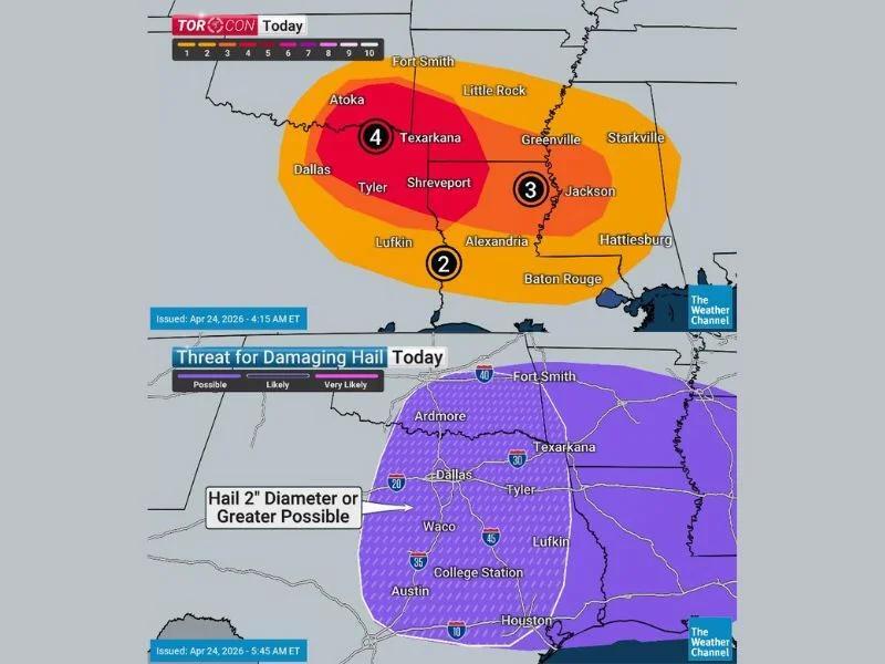 TORCON 4 Tornado Risk and 2-Inch Plus Hail Threatening ArkLaTex ...