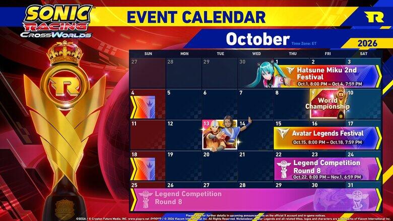 Sonic Racing: CrossWorld's Oct. 2026 schedule of events detailed ...