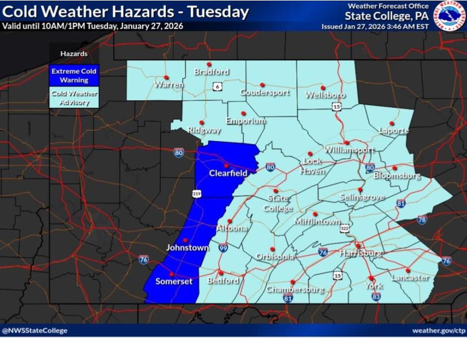 Extreme cold warning issued for these 3 Pa. counties; wind chills as ...