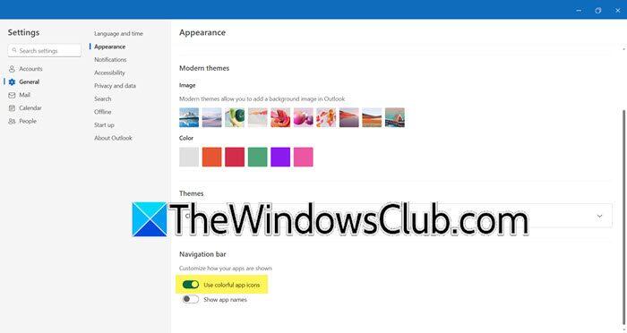 Show or Hide Colorful Icons and App names in Outlook (new) app for ...
