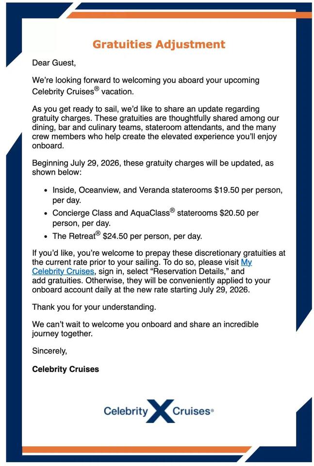 Celebrity Increasing Daily Gratuities by 8%