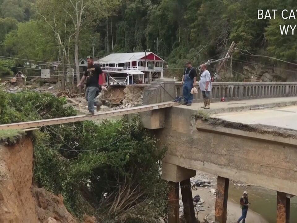 Drone Video Floods wipe out homes & bridge in Bat Cave, Asheville