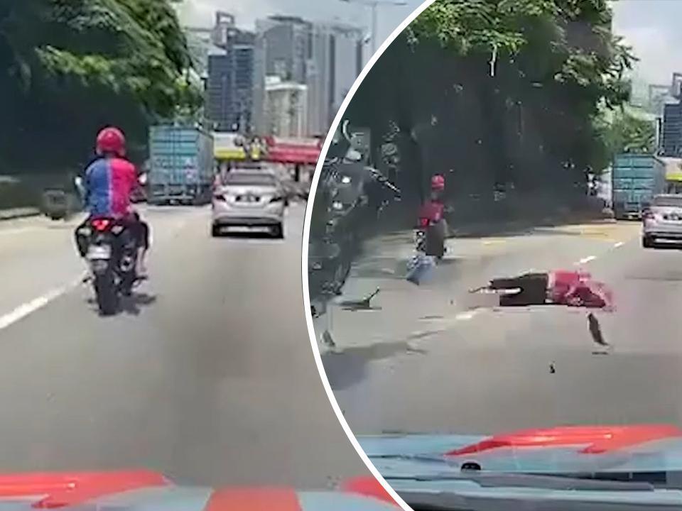 Runaway tire smashes motorcycle into pieces, but rider miraculously ...
