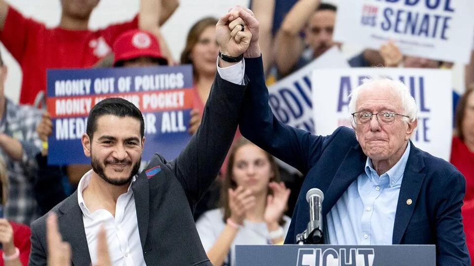 Image for Bernie Sanders campaigns with controversial Michigan Senate candidate