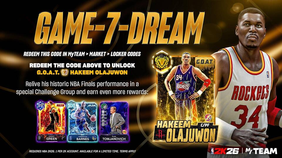 FREE G.O.A.T. Hakeem Olajuwon With GAME-7-DREAM NBA 2K26 MyTEAM Locker ...