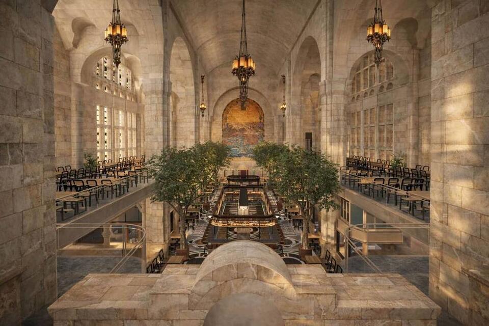 Brooklyn's historic marble bank is becoming a massive elevated food hall—with theatrical open kitchens, lively aperitivo bars, & a curated market