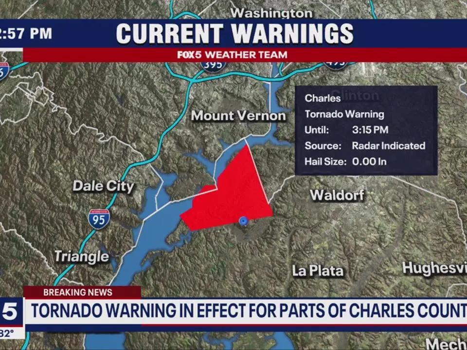 Tornado warning issued for parts of Maryland and DC