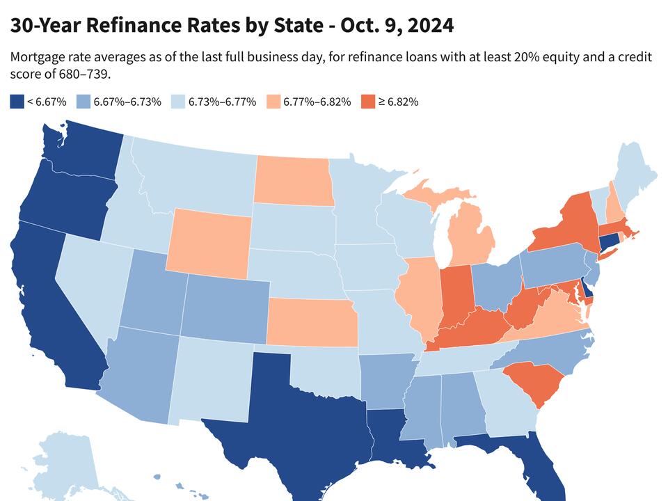 Today's Mortgage Refinance Rates by State Oct. 9, 2024