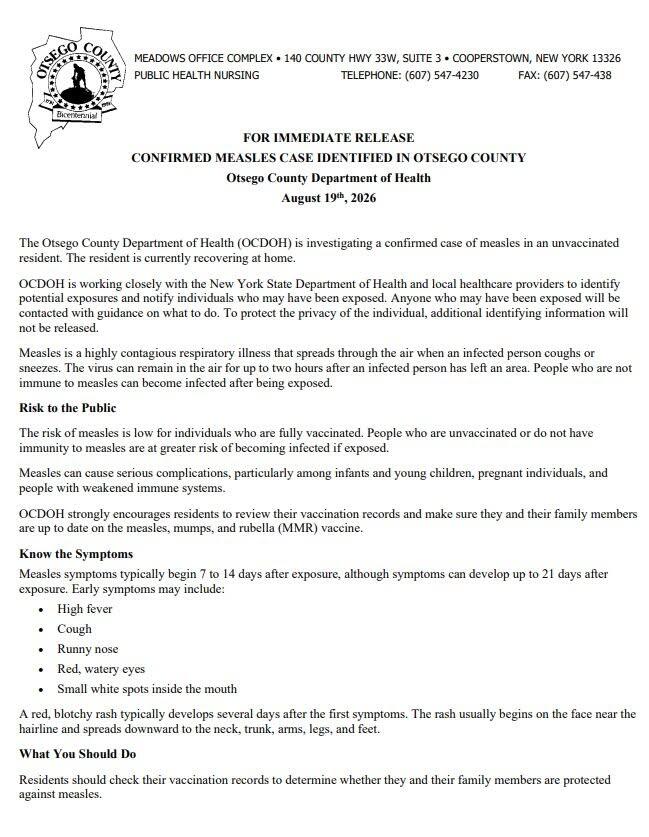 Confirmed measles case in Otsego County - NewsBreak