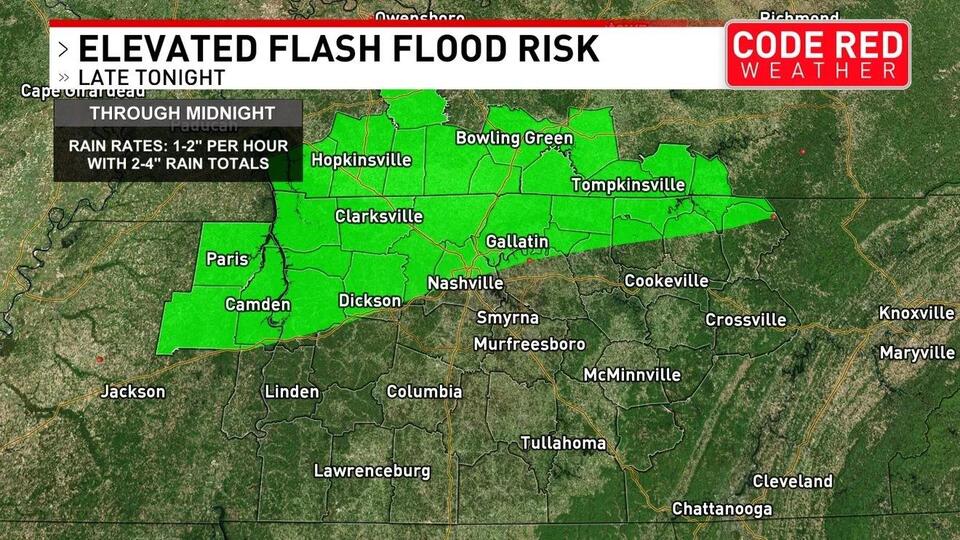 Elevated flash flood risk through tonight for Middle Tennessee ...