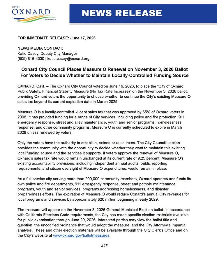 Oxnard Voters to Decide on Measure O Renewal in 2026 - NewsBreak