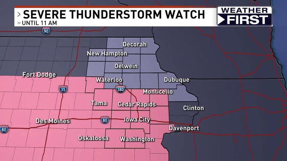 Tornado Warning Thursday morning as strong storms move into eastern Iowa