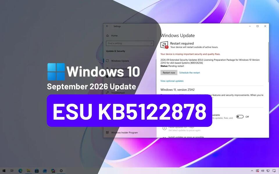 KB5122878 (build 19045.7725) for Windows 10 ESU drops as the September 2026 update