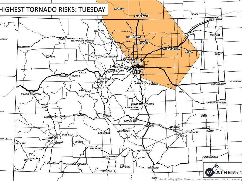 Denver Weather Tornado risk today covers city and Front Range