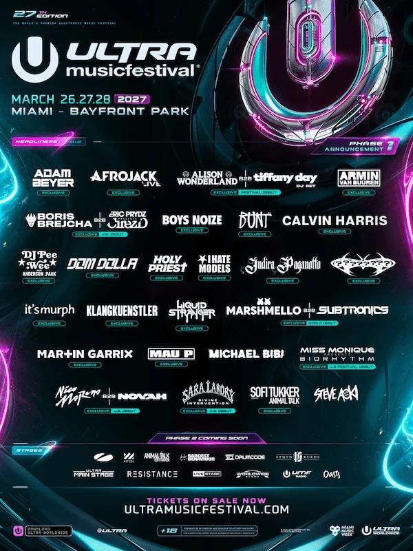Ultra Music Festival Unveils Initial 2027 Lineup: Calvin Harris, Martin Garrix, Alison Wonderland, Steve Aoki, SOFI TUKKER & More