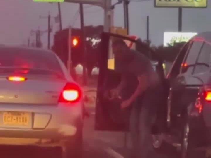 An elderly woman drove off from a gas station with fuel hose still in