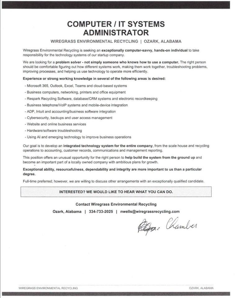 Wiregrass Environmental Recycling hiring IT admin - NewsBreak