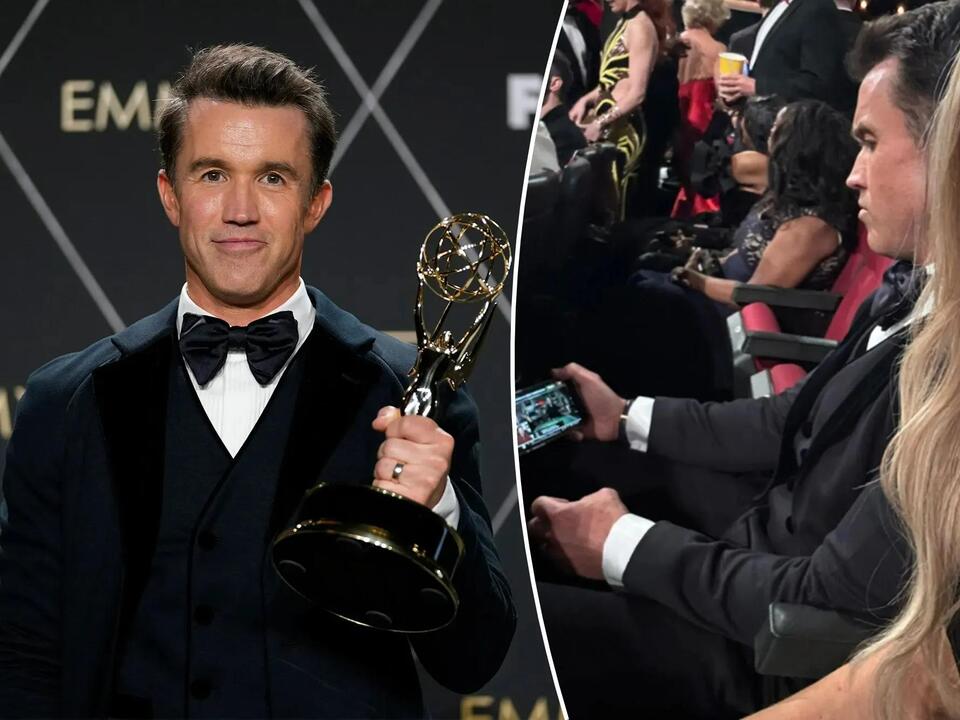 Rob McElhenney watching Eagles’ playoff game on phone from Emmy Awards(01)