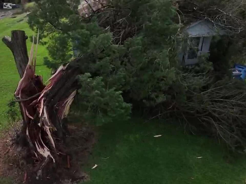 Drone video shows storm damage in West Baton Rouge in the Erwinville area