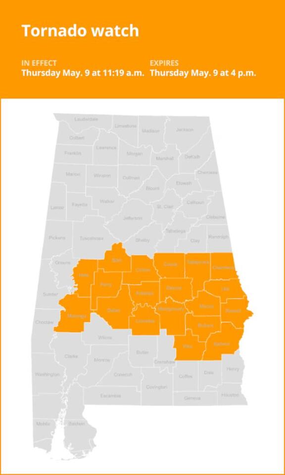 Update: Tornado watch for Central Alabama until early Thursday evening ...