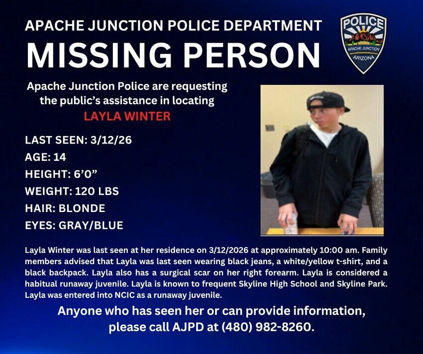 Layla Winter, 14, missing from Apache Junction, police say - NewsBreak