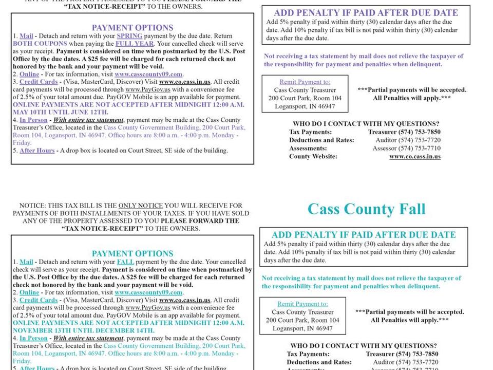 Spring installment of Cass County, Indiana property taxes due May 10, 2023