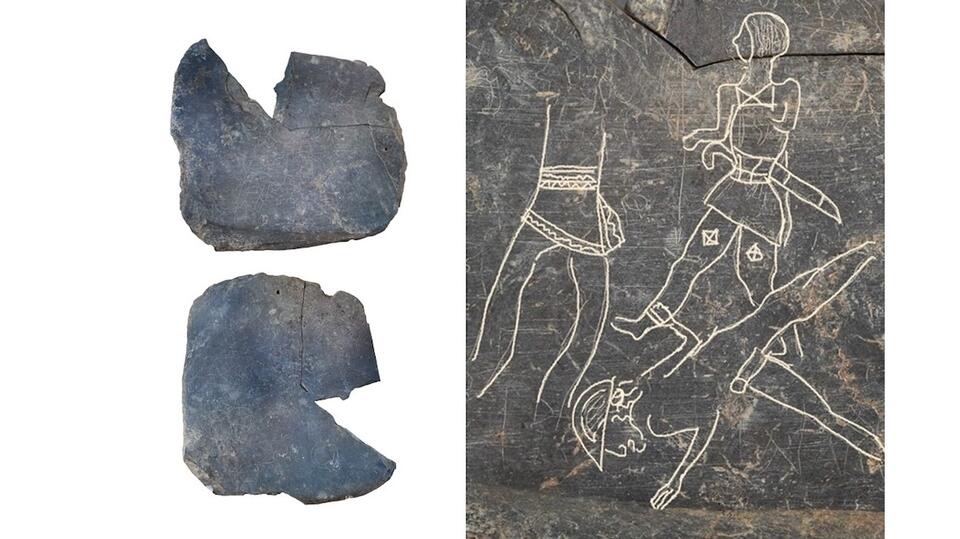 2,500-year-old slate containing drawings of battle scenes and paleo ...